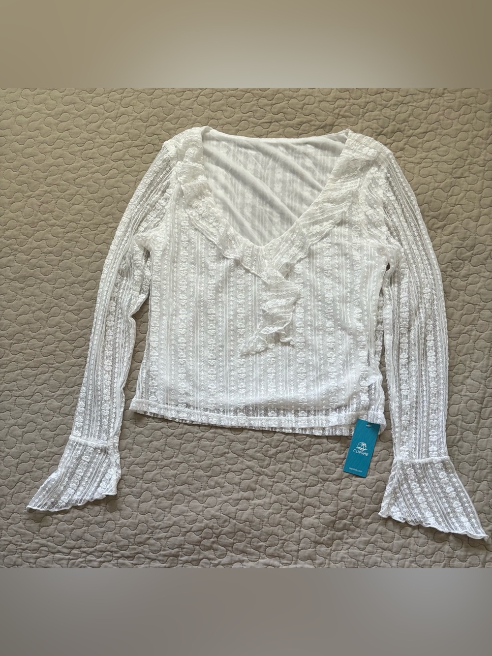 Cupshe White Ruffled V-Neck Sheer Knit Blouse - Picture 4 of 10